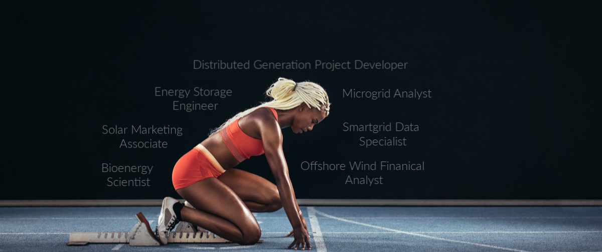 woman sprinter in starting position symbolizing the starting of a renewable energy career